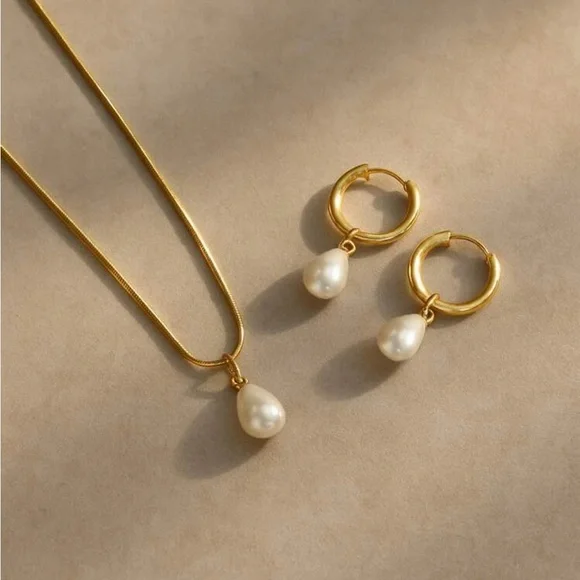 Gold Pearl Drop Necklace and Hoop Earring Set - Picture 1 of 1